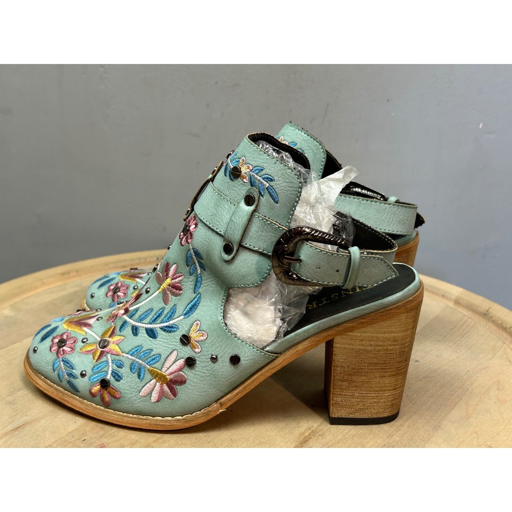 Tinstree Mint Green Floral Embroidered Studded Slingback Block Heel Booties 8 - Picture 2 of 12